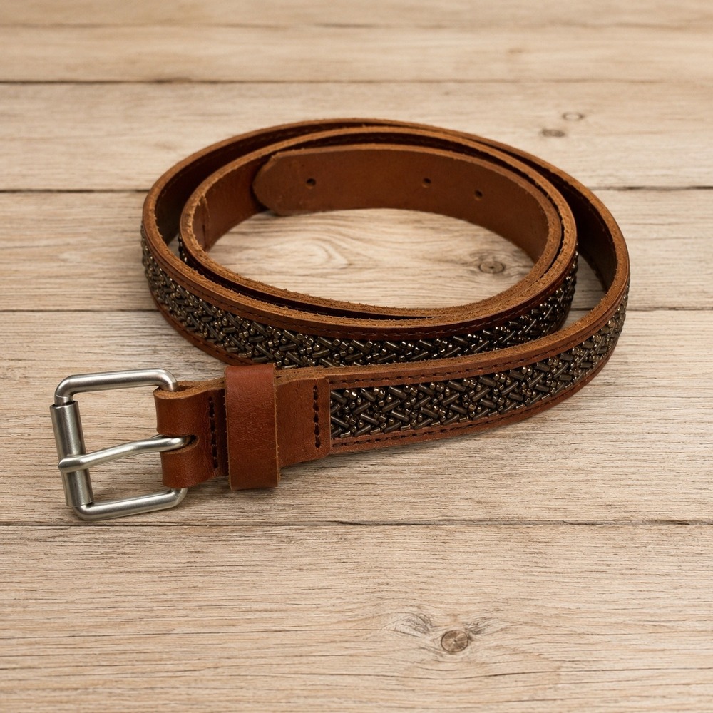 Vintage Linea Pelle LP Beaded Leather Belt Womens M Brown Boho Western Cognac